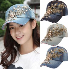Fashion Baseball Cap Denim Hats With Rhinestones Flower Mujer Snap Back Caps US  eb-92226323
